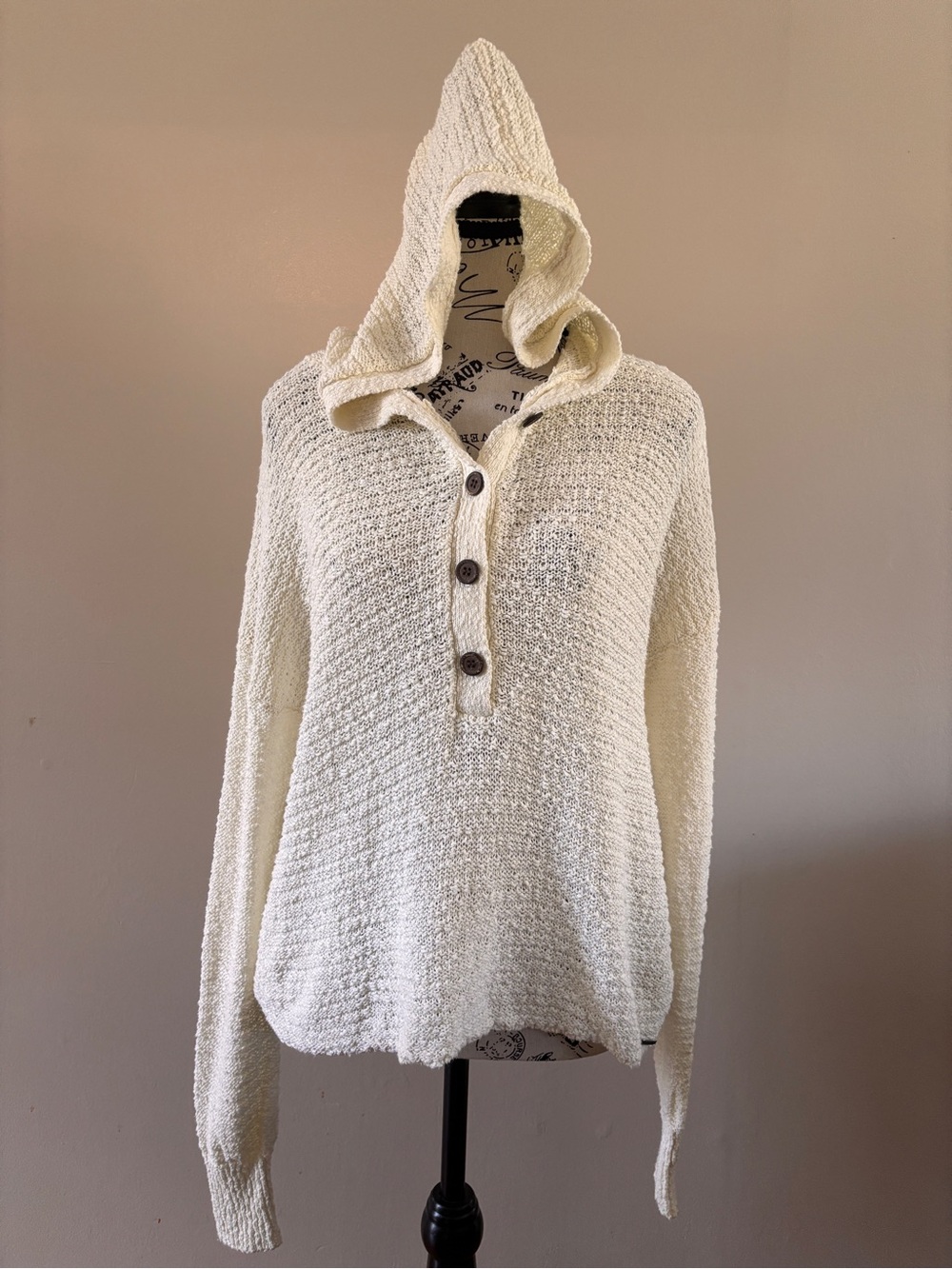 ONEILL Cream Knit Hooded Henley Sweater - Skater, Neutral, Athleisure, Cozy-chic